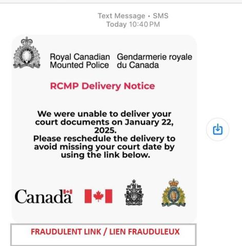 fraudulent rcmp text message message texte frauduleux grc 2025 01 27 0