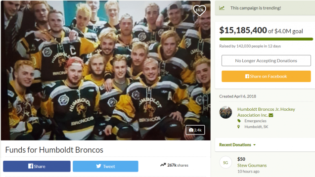 screen shot of 'Funds for Humboldt Broncos'